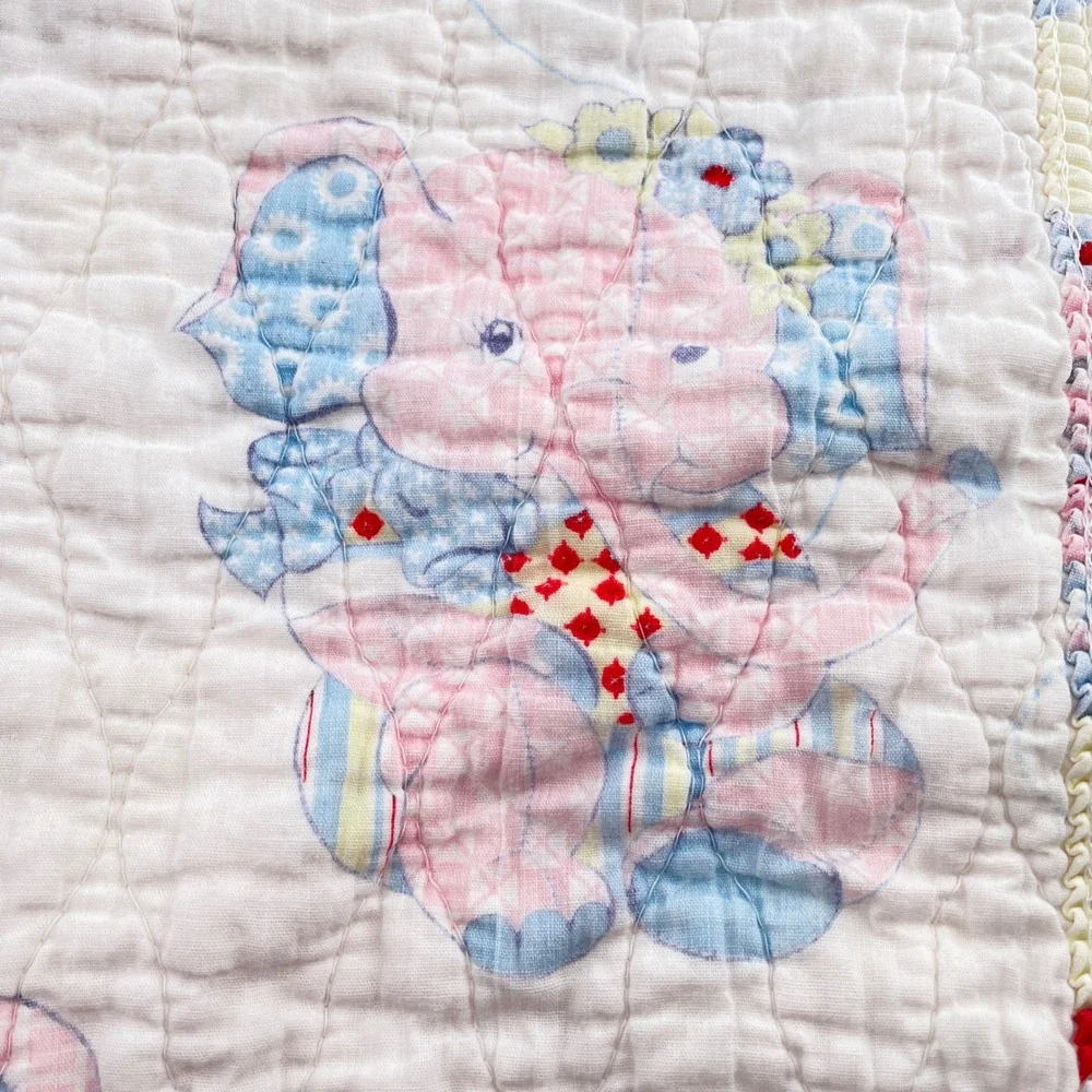Vintage Quilted Baby Blanket Pastel Ruffled Circus Animal Elephant Bear Bunny